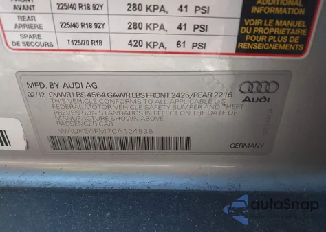 2012 Audi A3 2.0T Premium z USA, uszkodzony, nr VIN WAUKEAFM7CA124935